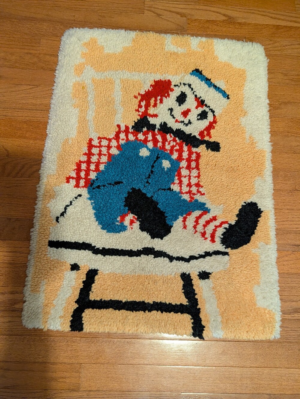 Vtg Handmade Raggedy Andy Cream and Blue Rag Doll Accent Rug